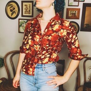 Lemon Grass Vintage Floral Autumn 70’s Retro Micro Corduroy Button Down Shirt
